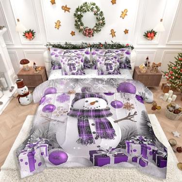 Imagem de Jogo de cama solteiro roxo de Natal com tema de boneco de neve de 7 peças, para meninos e meninas, crianças, conjunto de lençol com lençol de feliz ano novo, decoração de Natal