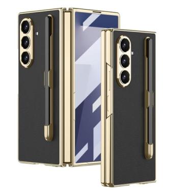 Imagem de Capa de revestimento para Samsung Galaxy Z Fold 7, com suporte de caneta, capa de couro com borda dourada de luxo, capa protetora de tela completa