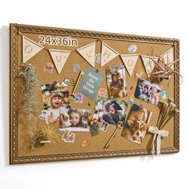 Imagem de FOLKOR Quadro de notas grande de cortiça 61 x 91 cm para decoração de parede de sala de aula de escritório em casa, quadro de avisos vintage com moldura ornamentada dourada para organizador de parede