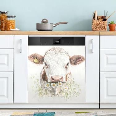 Imagem de xigua Capa magnética para lava-louças Flowers Highland Cow, adesivos magnéticos decorativos antiarranhões para painel de geladeira e lava-louças, decoração personalizada de cozinha doméstica 58 x 66