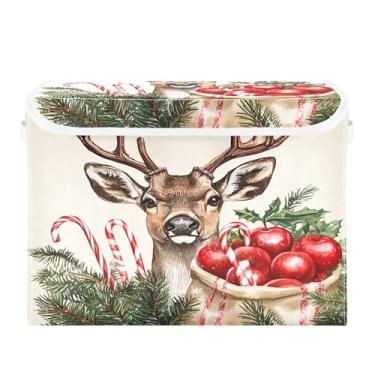 Imagem de SEHANY Caixa de armazenamento de cervos de Natal com tampas e alças, organizador de cestas de armazenamento de tecido dobrável, caixas de armazenamento de cubos grandes para roupas, cobertor de
