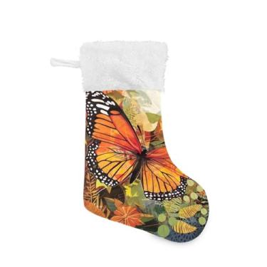Imagem de ATTX Meias de Natal de borboleta laranja, suportes de presente brancos de pelúcia para decorações de festas de fim de ano (17,7 polegadas, 1 pacote) #341