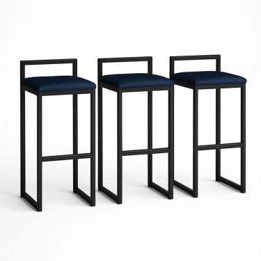 Imagem de Kit 3 Banquetas Corino Ferro Cozinha Balcão Alta Bistro Cor:azul Marinho