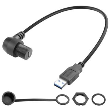Imagem de QIANRENON Adaptador de cabo curto USB 3.0 para USB C ângulo de 90° rosqueado fixo à prova d'água USB3.0 macho para tipo C ângulo direito fêmea conector de montagem no painel frontal 5Gbps 5V/3A