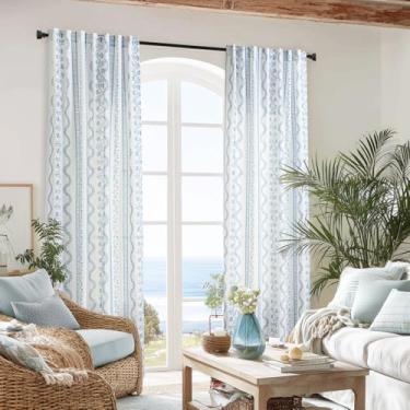 Imagem de Cortinas de fazenda costeira para sala de estar, quarto, estampa floral azul claro e branco, decoração de quarto de praia, estampa de linho, transparente, cortinas de janela com filtro de luz, 203 cm