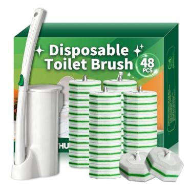 Imagem de MNWHUC Escova de vaso sanitário descartável, sistema de limpeza de vaso sanitário com refil de varinha de 48 unidades, kit inicial de escova limpa com 1 varinha de banheiro, 1 suporte de armazenamento