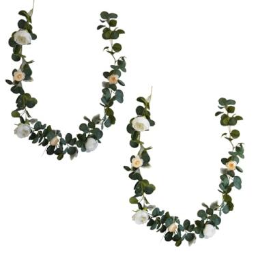 Imagem de Bairdish 2 peças de guirlanda de flores artificiais de champanhe - videira de peônia falsa de seda com folhas, flores falsas para decoração de aniversário, casa, sala de estar, festa de casamento