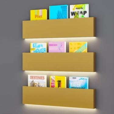 Imagem de Suporte de parede para revistas montado na parede, conjunto de 3, prateleiras flutuantes de metal com luz LED iluminada embutida, prateleira de exibição decorativa, para sala de estar, quarto