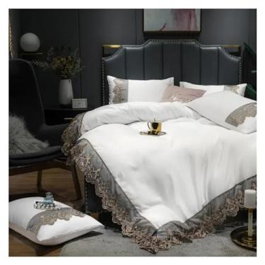 Imagem de Jogo de cama bordado de renda verde escuro, 4 peças, capa de edredom de poliéster macio e macio, colcha de cama king size, cama de luxo em uma bolsa (lençol de cama plano_King 4 peças)