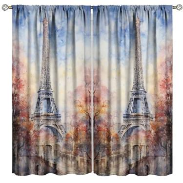 Imagem de Cortina da Torre Eiffel, pintura a óleo de paisagem de Paris, decoração de casa, quarto, sala de estar, cozinha, janela, 2 painéis, conjunto de 2 painéis, tamanho total 107 cm L x 114 cm C