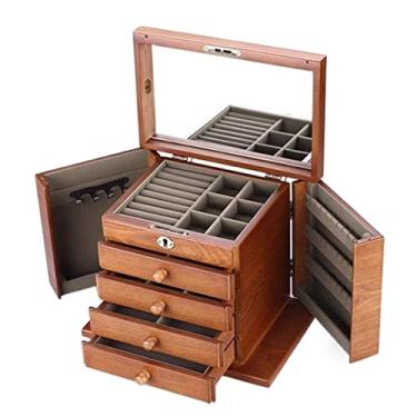 Imagem de Organizador de joias, caixa de joias de madeira, caixa organizadora de joias de 5 camadas, caixa de exibição de joias com trava para brinco, anel, colar, pulseira, estojo de joias para exibição de