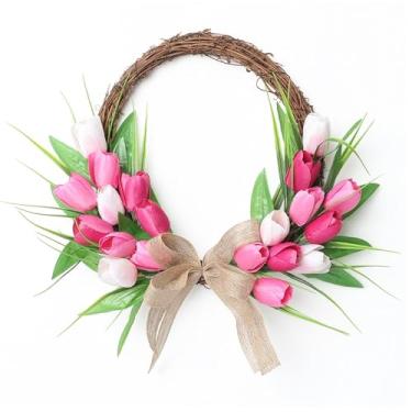 Imagem de Luocute Grinalda de Primavera, Guirlanda de Flores Artificiais de 16 Polegadas à Prova de Desbotamento Com Cores Vibrantes e Folhas Verdes para Janela de Parede da Porta (Argola de vime vermelho