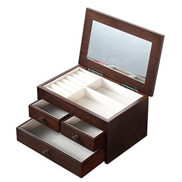Imagem de Caixa de joias de 3 camadas com espelho organizador de joias de madeira retrô estojo de armazenamento de joias brinco colar para mulheres organizador de joias, 25 * 16 * 13 cm (cor chá 25 * 16 * 13 cm