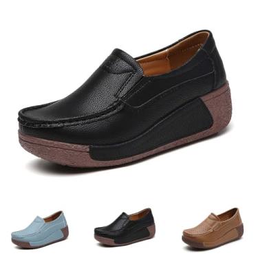 Imagem de Mocassim feminino plataforma sem cadarço moderno, leve, confortável, respirável, bico redondo, plataforma baixa, Preto, 37