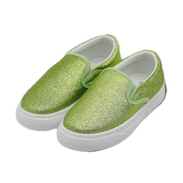 Imagem de Tênis infantil para meninas, meninos, crianças, moderno, cano baixo, sem cadarço, lona, casual, confortável, sem cadarço, cor glitter, caminhada, corrida, salto plano, tênis verde grama, Verde grama