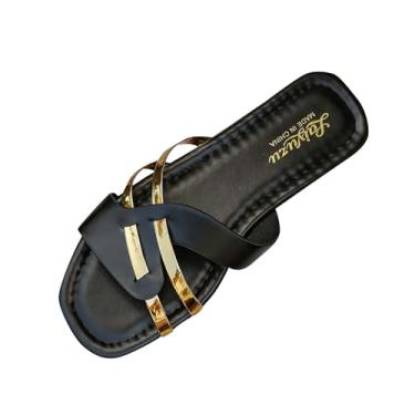 Imagem de Sandálias femininas de praia com fivela de metal, chinelos confortáveis para primavera, Preto, 34