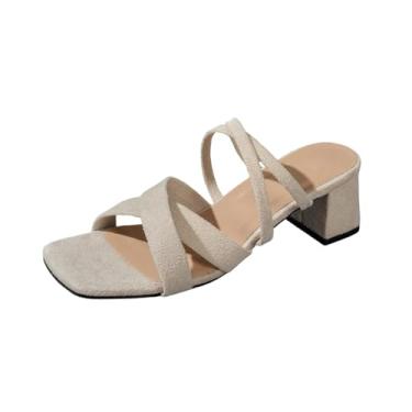 Imagem de Sandálias femininas de salto médio com tira para primavera e verão, sapatos casuais confortáveis de bico aberto com salto bloco de 5 cm, Bege, 39