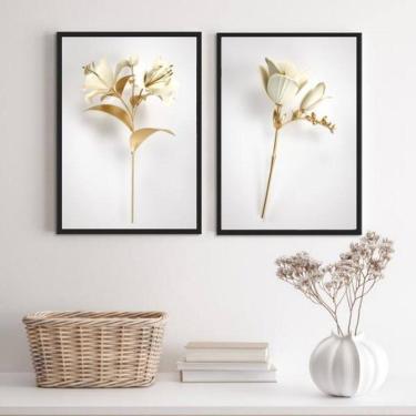 Imagem de Kit 2 Quadros Flores Brancas Com Dourado 24X18 C/Vidro Preta