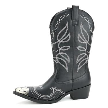 Imagem de WEOOAR Botas de caubói masculinas com bota retrô ocidental clássica bordada sem cadarço, antiderrapante, durável, Preto, 39
