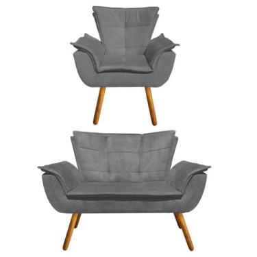 Imagem de Kit Sofá Retrô Namoradeira e 01 Poltrona Opala Suede Grafite - D'Rossi