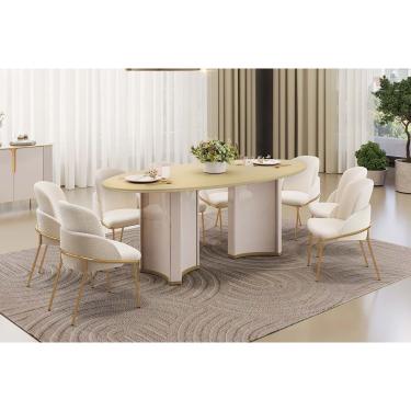 Imagem de Conjunto: Mesa Sala Jantar Liz c/ Tampo Madeirado c/ Vidro Oval 218x108cm e 8 Cadeiras Vitta Off White/Dourado - Boucle Perola - DJ Móveis