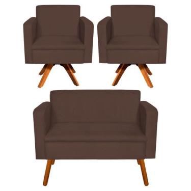 Imagem de Kit 01 Namoradeira e 02 Poltronas Giratória Emília Suede Base Madeira 
