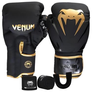 Imagem de Luva De Boxe Muay Thai Kickboxing Impacto Evo Preta e Dourado + Bandagem + Protetor Bucal - Venum-Unissex
