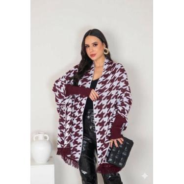 Imagem de Capa Poncho Em Tricot Pied Poule Feminino Com Franjas Manga Longa Outo