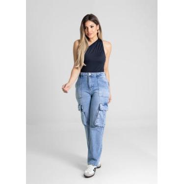 Imagem de Calça Feminina Jeans Wide Leg Sawary Premium Original Cintura Alta Mod