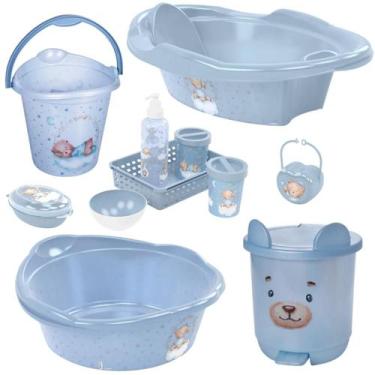 Imagem de Kit banheira de bebê plasutil 7 peças + kit higiene urso + bacia + lix