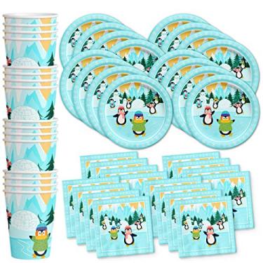 Imagem de Birthday Galore Conjunto de suprimentos para festa de aniversário pinguim conjunto de pratos guardanapos copos kit de louça para 16