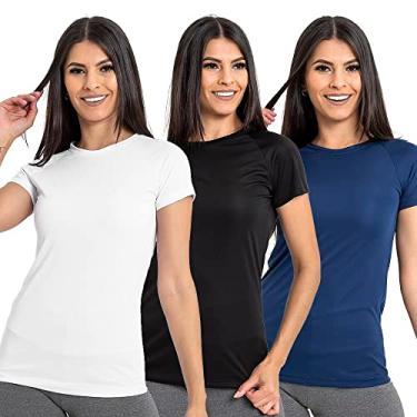 Imagem de Kit 3 Camisetas Feminina Manga Curta Dry Fit Fitness Térmica - Preto/Branco/Azul - GG