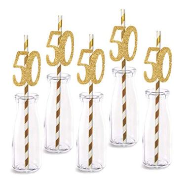 Imagem de Decoração de palha de papel de aniversário de 50 anos, 24 unidades de números de corte de glitter dourado real para festas de 50 anos
