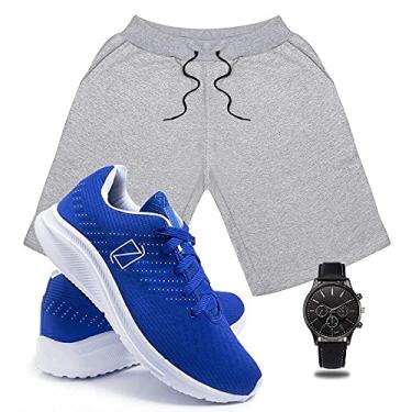 Imagem de Conjunto Bermuda Moletom Masculina + Tenis Masculino Academia Ultra Conforto + Relógio Ponteiro - Preto-Azul/M-42