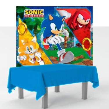 Imagem de Kit Festa Sonic Decoração Anive Toalha Azul +Painel Plastico - Regina