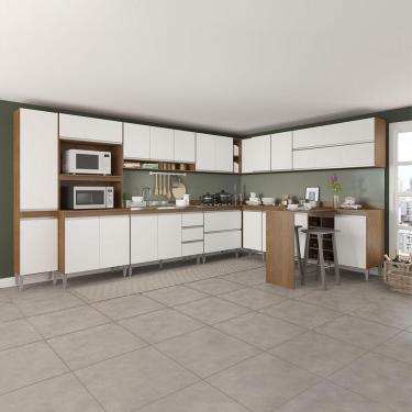 Imagem de Cozinha de Canto Completa Modulada com Bancada Ilha Sabrina 372/254x202 Cm 13 Peças MDP Branco MENU