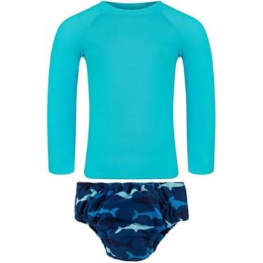 Imagem de Acqua di Mare Kit Sunga com Fralda e Camiseta UV Bebê Menino, Fralda Piscina 6 a 24 meses (18 meses, Fralda Tubarões e Blusa Azul)