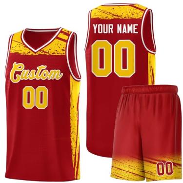 Imagem de Camisa masculina personalizada de basquete juvenil uniforme de treino uniforme impresso personalizado nome do time logotipo número, Vermelho e amarelo - 03, One Size