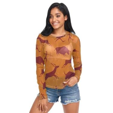 Imagem de Camiseta feminina de malha transparente com estampa de rocha com estampa de animal e manga comprida, Pintura de rocha com animal, XXG
