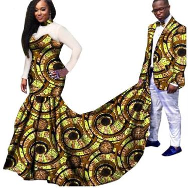 Imagem de Roupas de casal africano manga fio maxi vestido feminino Riche masculino blazer tradicional festa casamento roupas, T1, Large