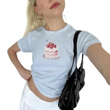 Imagem de Camiseta feminina Y2k de manga curta com estampa de bolo de cereja de frutas e gola redonda para o verão cropped tops coquete vintage, Um bolo de cereja azul, M