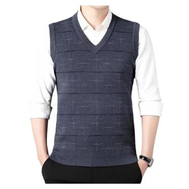 Imagem de Suéter masculino colete jacquard gola V pulôver sem mangas tricotado quente suéter inferior, Cinza, M