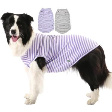 Imagem de Sychien Camiseta refrescante para cães, algodão penteado de verão, respirável, menino, menina, GG, roxo, cinza, branco, listrado, GG