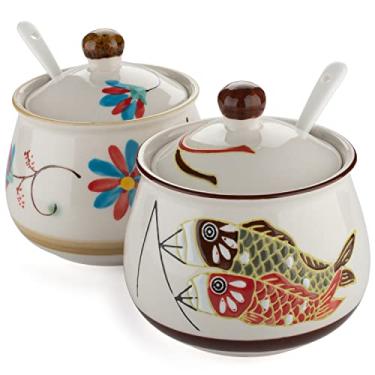 Imagem de Conjunto de 2 açucareiros de porcelana de cerâmica com tampa e colher, pote de armazenamento de açúcar, recipiente de açúcar para temperos salgados (modelo 1 #)