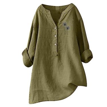 Imagem de Camisas de linho femininas de manga comprida com botões, casual, verão, gola V, blusas grandes, Caqui, G
