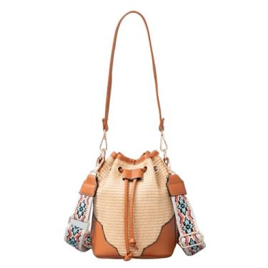 Imagem de WIGUYUN Bolsa feminina com cordão de palha pequena bolsa de ombro vazada bolsa transversal para verão, praia, B - Marrom, One Size