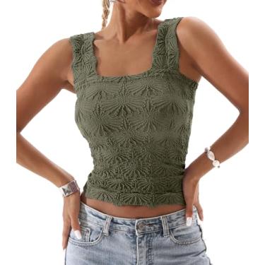 Imagem de DouBCQ Camiseta regata feminina com gola quadrada, alças largas, caimento justo, acabamento floral de alface, Verde, G