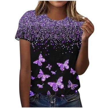 Imagem de Camiseta feminina de conscientização de Alzheimers roxo borboleta estampada blusas casuais de verão camisetas de manga curta gola redonda, Cinza, M
