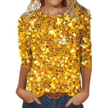 Imagem de Camisetas femininas de manga 3/4 casual, solta, brilhante, gola redonda, básica, leve, blusa de roupas de verão 2024, Dourado, GG