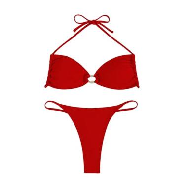 Imagem de SHENHE Biquíni feminino de 2 peças, frente única, amarrado nas costas, tanga, biquíni sexy, Vermelho, P